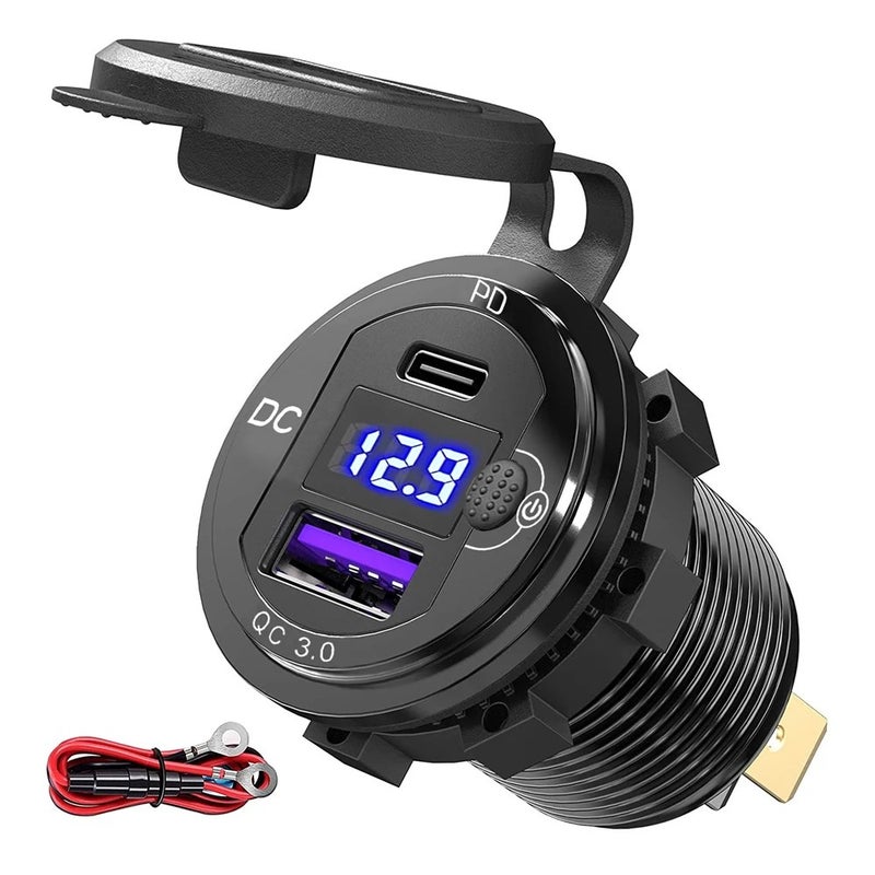 Y&D IP66 Waterproof Aluminum Alloy 12V QC 3.0 Fast Charger Dual USB & Type C Car Charger Socket, Automobile Chargers for Phone Tablet - Image 2